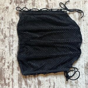 New Black Crystal Mesh Side Lace Up Corset Strapless Top